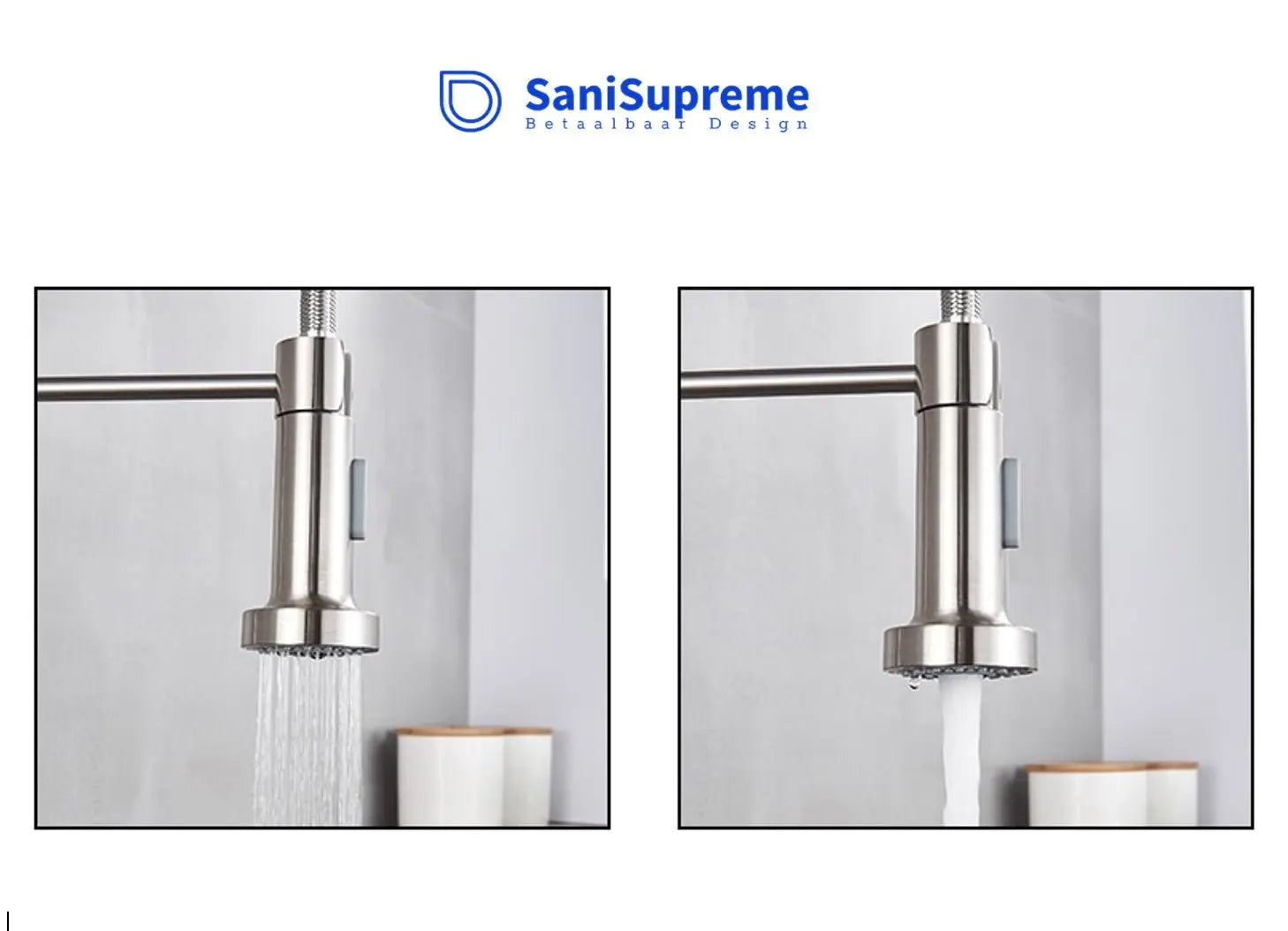 SaniSupreme Keukenkraan Pull - down Bologna gebogen met veer Nikkel Brush (RVS)