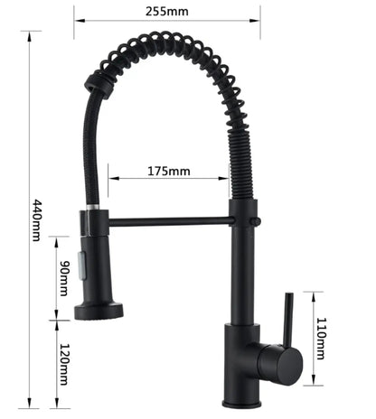 SaniSupreme Keukenkraan Pull - down Bologna gebogen met veer Nikkel Brush (RVS), zwarte slang