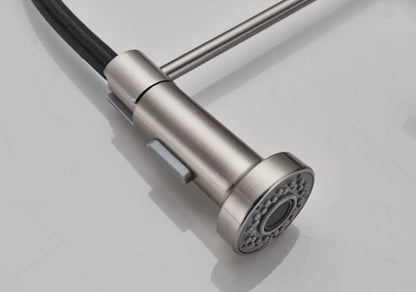 SaniSupreme Keukenkraan Pull - down Bologna gebogen met veer Nikkel Brush (RVS), zwarte slang