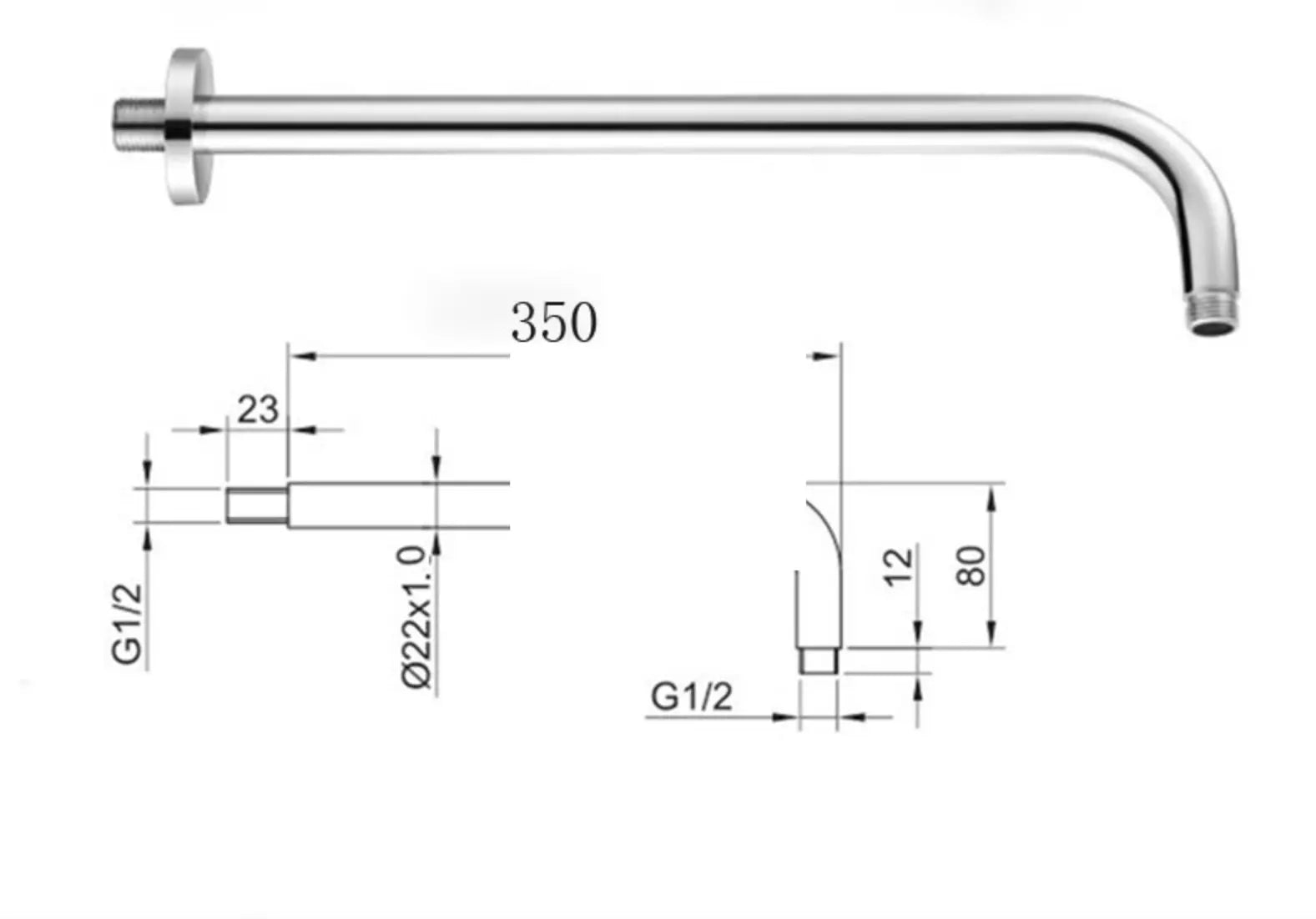 SaniSupreme Losse Douche arm, chroom, rond, 35 cm lang met rozet
