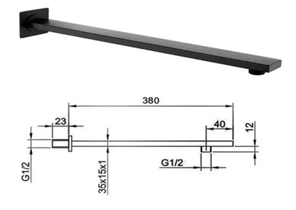 SaniSupreme Losse Douche arm, mat zwart, rechthoekig, 38 cm. lang met vierkant rozet