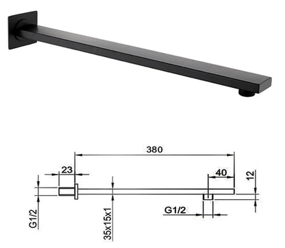 SaniSupreme Losse Douche arm, mat zwart, rechthoekig, 38 cm. lang met vierkant rozet