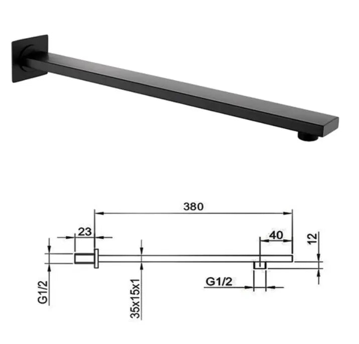 SaniSupreme Losse Douche arm, mat zwart, rechthoekig, 38 cm. lang met vierkant rozet