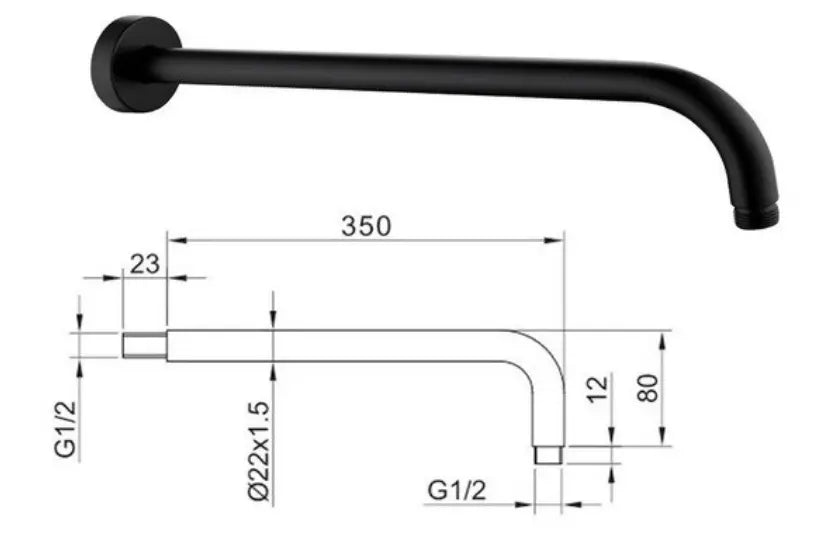 SaniSupreme Losse Douche arm, Wandarm mat zwart, rond, 40 cm. lang met rozet