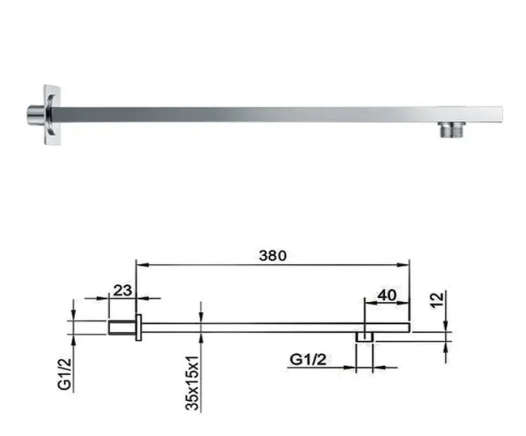 SaniSupreme Losse Douchearm, chroom, rechthoekig, 38 cm. lang met rozet