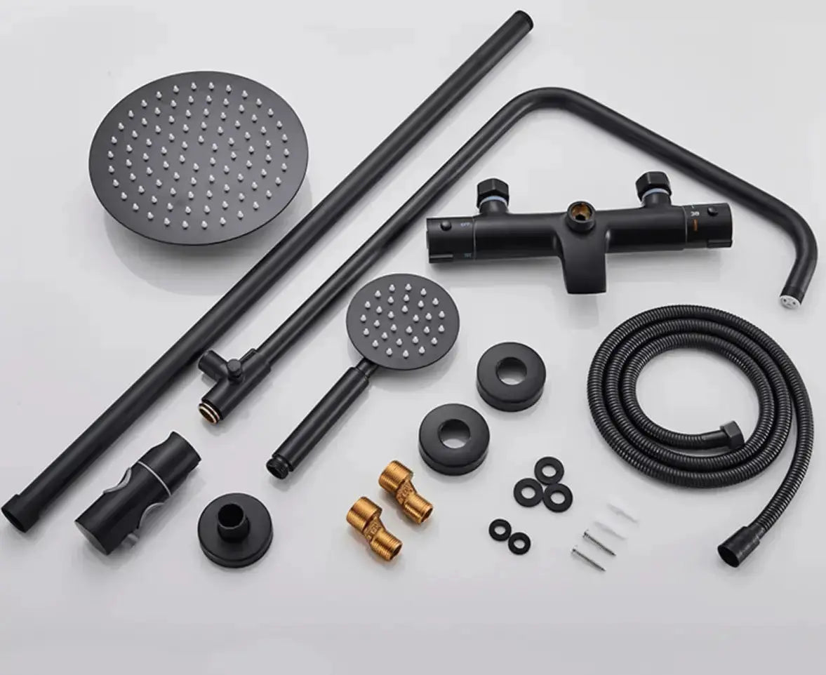 SaniSupreme Miami opbouw bad doucheset 3 weg met baduitloop 20 cm. regendouche mat zwart rond