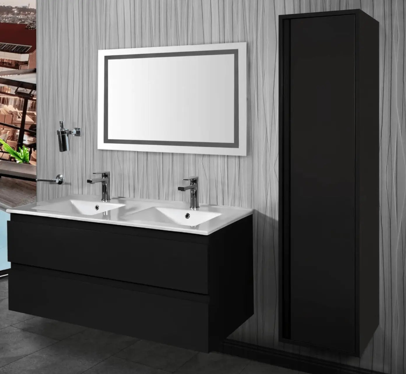 SaniSupreme® Monaco Badmeubel 120 mat zwart keramische dubbele wastafel wit