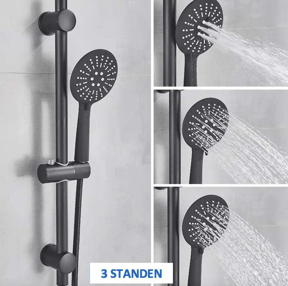 SaniSupreme Peru doucheset opbouw badmengkraan 2 weg smal met ronde handdouche en wandstang mat zwart