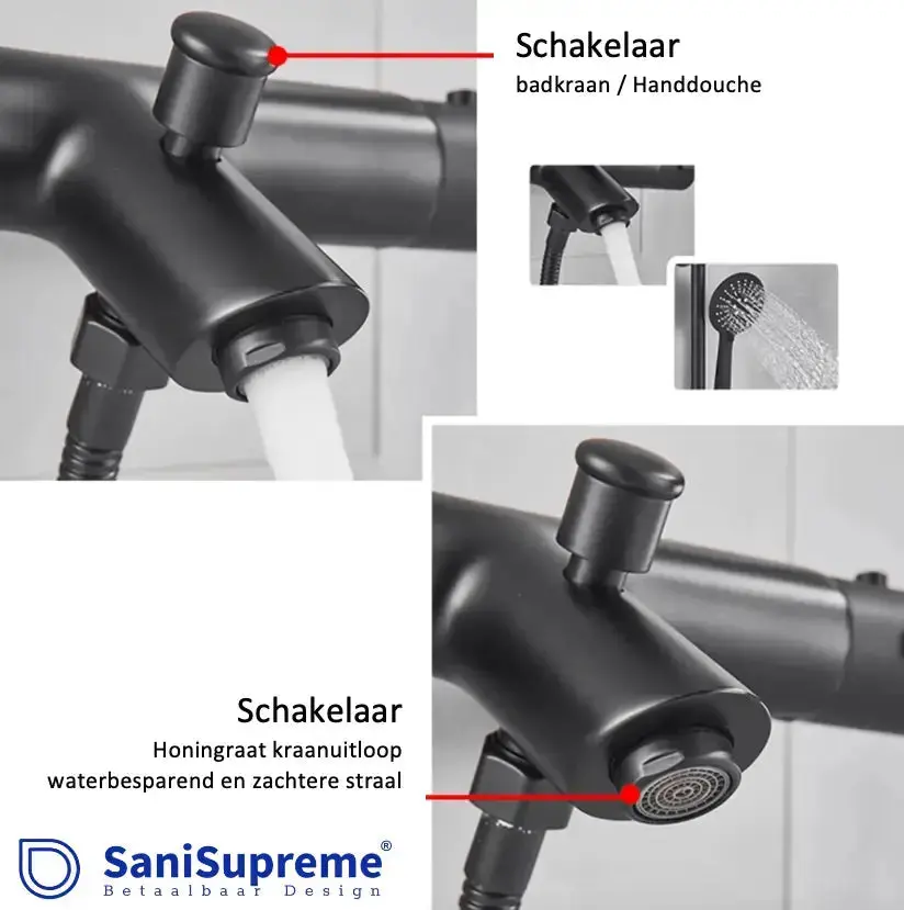 SaniSupreme Peru doucheset opbouw mengkraan 2 weg smal met staaf handdouche mat zwart