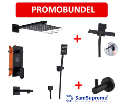 SaniSupreme Promobundel Inbouw Doucheset Manhattan Premium de Luxe LCD 10 inch regendouche vierkant 3 - weg zwart