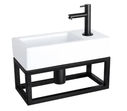 SaniSupreme Ravo Fonteinset 38.5x18.5x24.5cm 1 kraangat recht mat zwarte kraan met sifon en afvoerplug Keramiek Wit