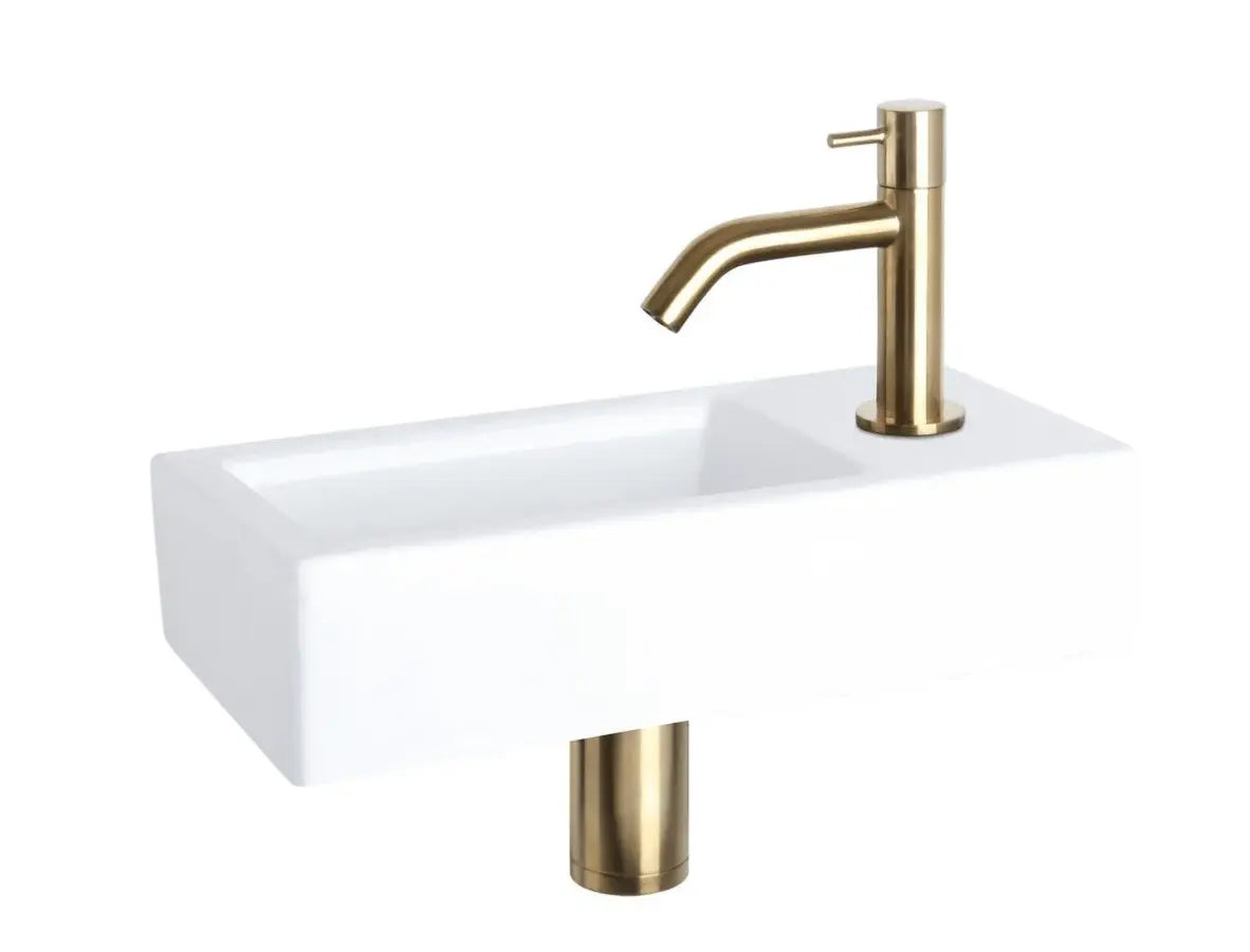 Sanisupreme Ravo fonteinset – Keramiek wit – Kraan gebogen mat goud