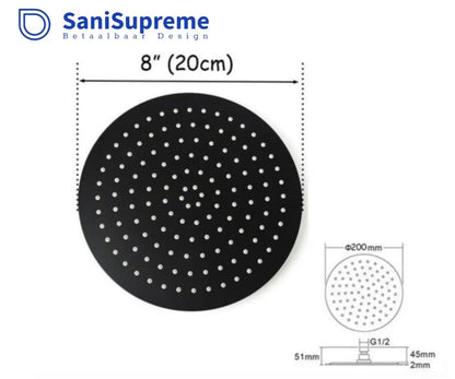 SaniSupreme® Regendouche douchekop 8 inch 20 cm. rond mat zwart
