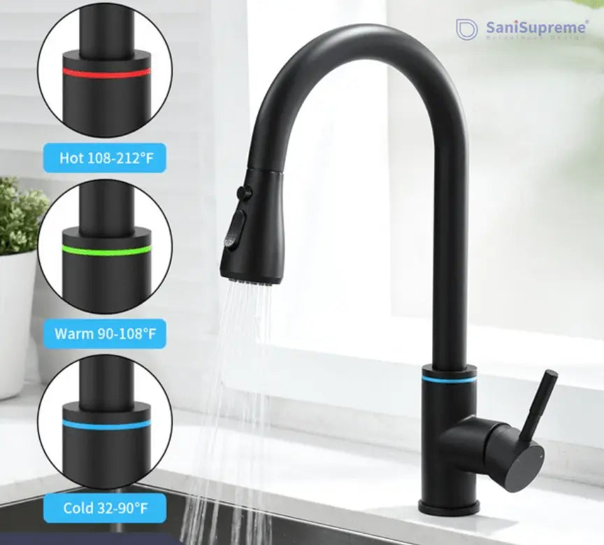 SaniSupreme thermostatische keukenkraan LED uittrekbaar Nordica Series zwart brede uitloop