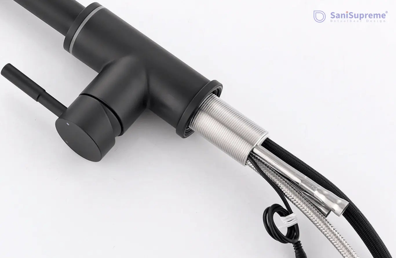 SaniSupreme thermostatische keukenkraan LED uittrekbaar Nordica Series zwart brede uitloop