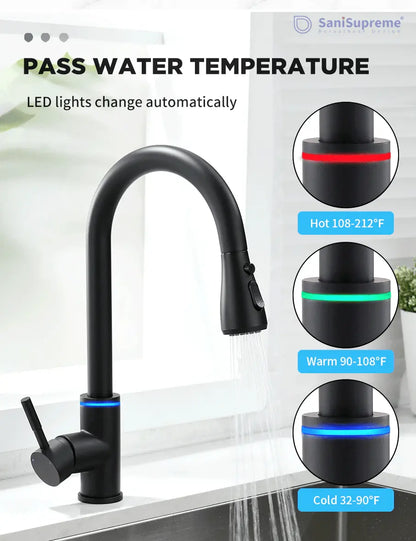 SaniSupreme thermostatische keukenkraan LED uittrekbaar Nordica Series zwart brede uitloop