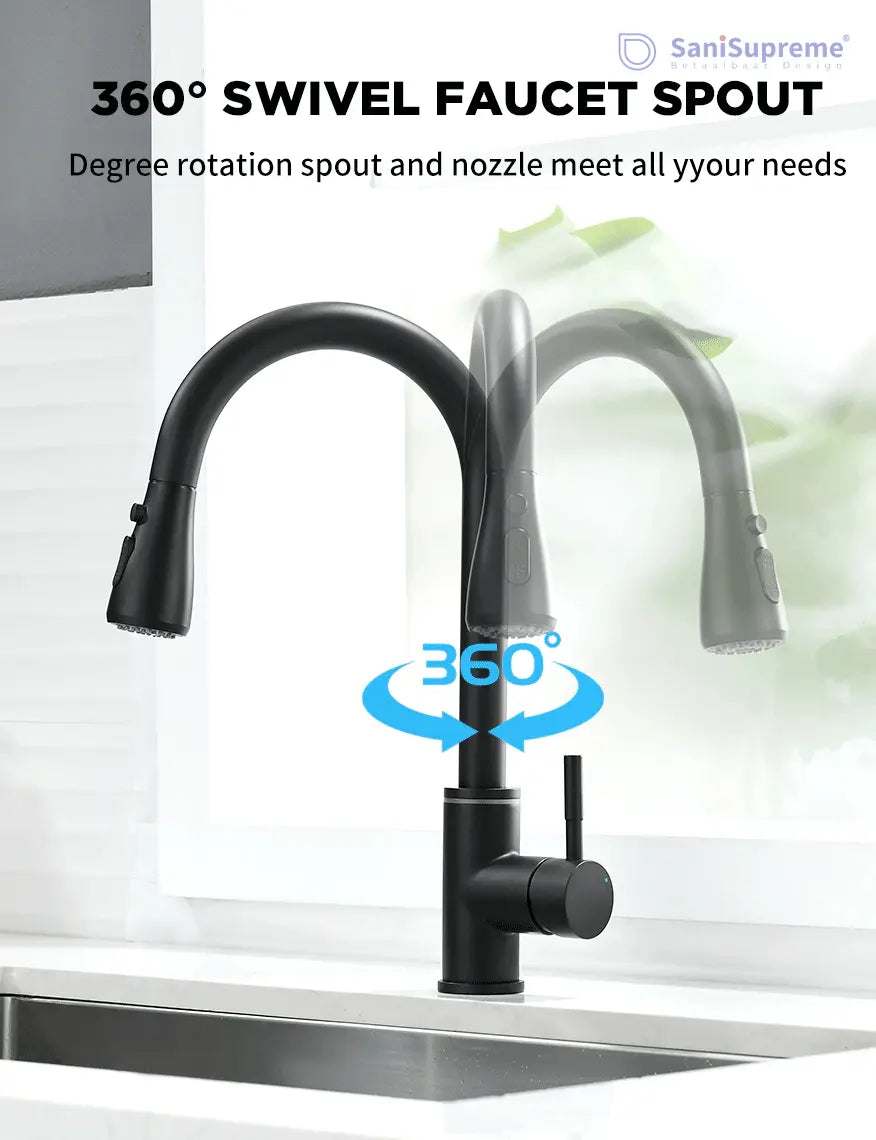 SaniSupreme thermostatische keukenkraan LED uittrekbaar Nordica Series zwart smalle uitloop