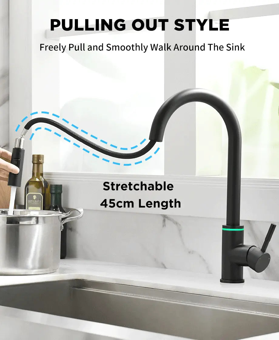 SaniSupreme thermostatische keukenkraan LED uittrekbaar Nordica Series zwart smalle uitloop