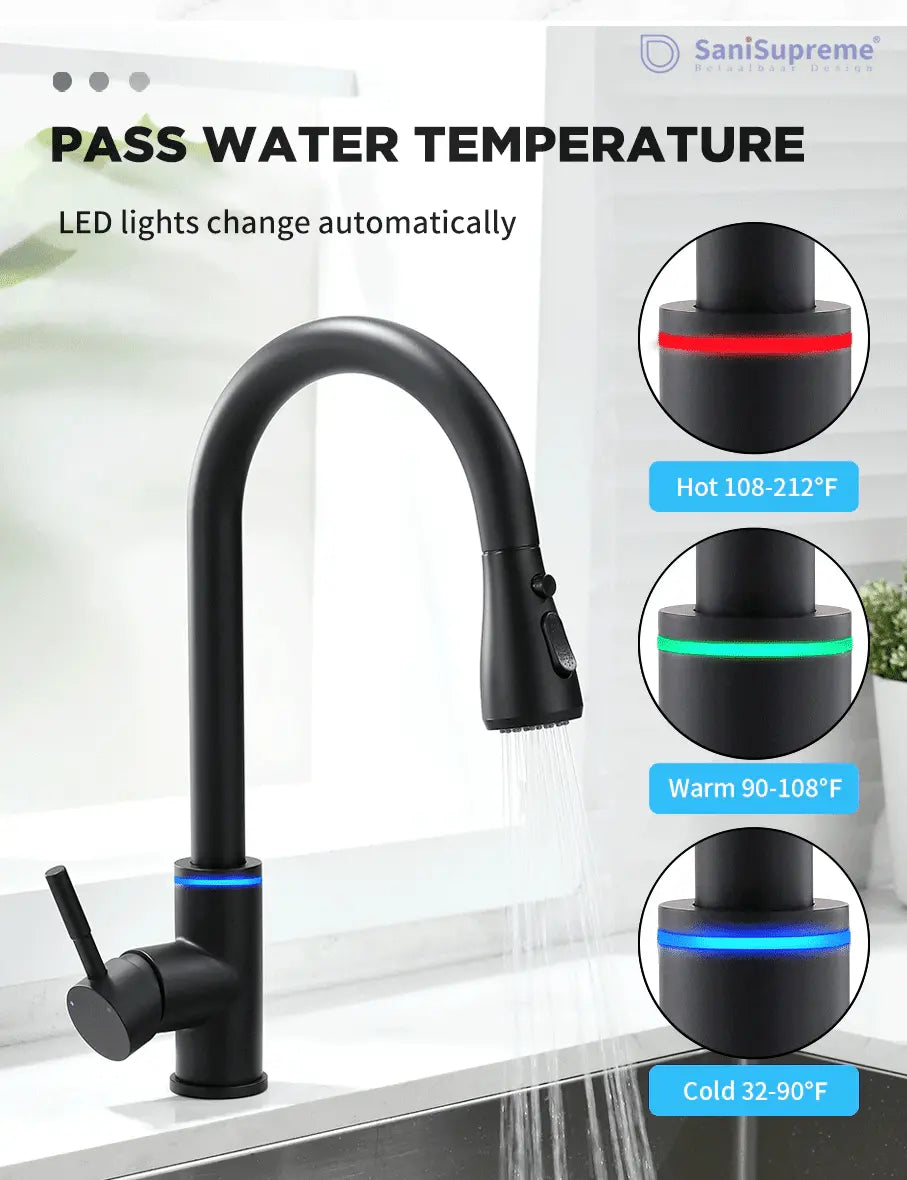 SaniSupreme thermostatische keukenkraan LED uittrekbaar Nordica Series zwart smalle uitloop