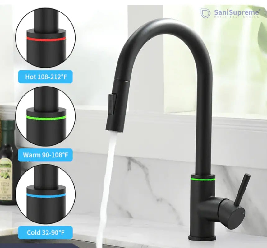 SaniSupreme thermostatische keukenkraan LED uittrekbaar Nordica Series zwart smalle uitloop