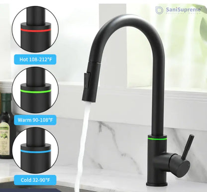 SaniSupreme thermostatische keukenkraan LED uittrekbaar Nordica Series zwart smalle uitloop