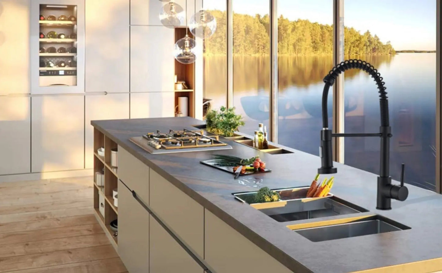 SaniSupreme® thermostatische keukenmengkraan San Marino gebogen met veer mat zwart