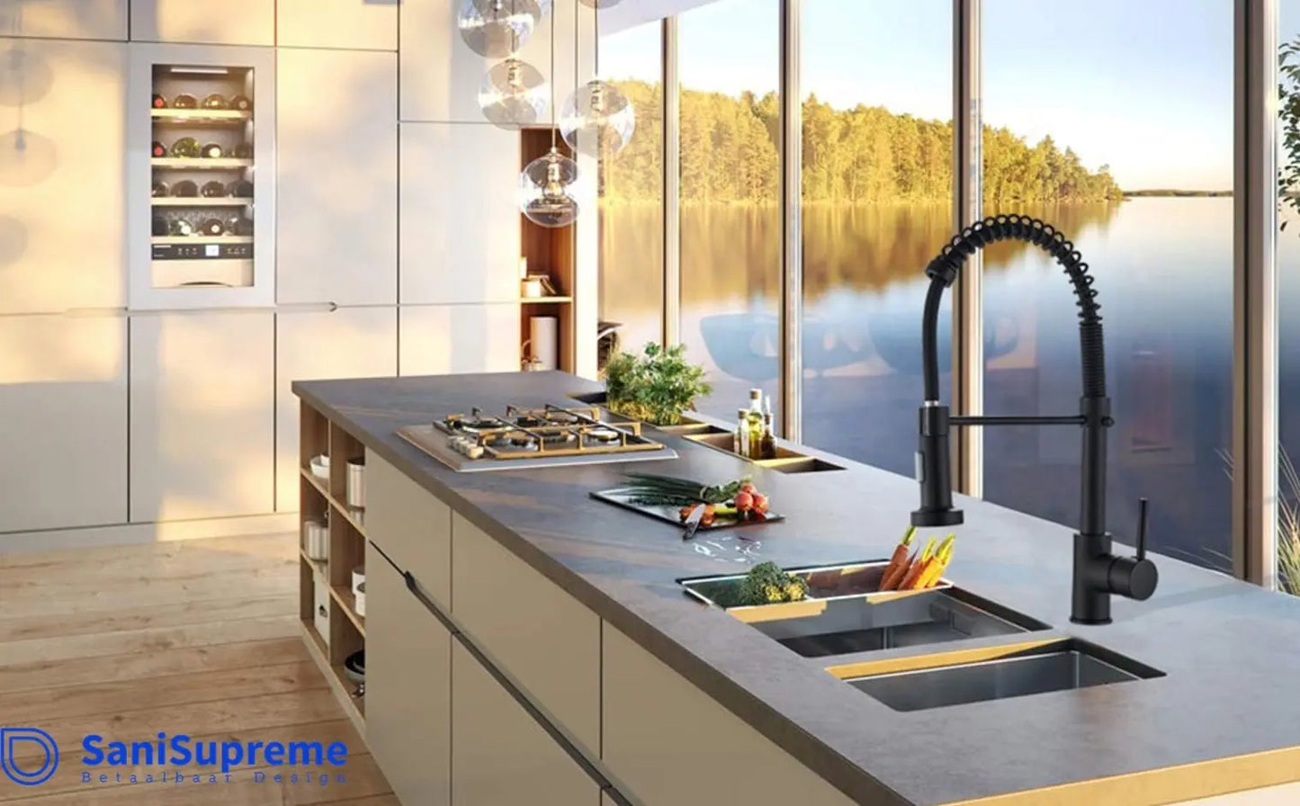 SaniSupreme® thermostatische keukenmengkraan San Marino gebogen met veer mat zwart