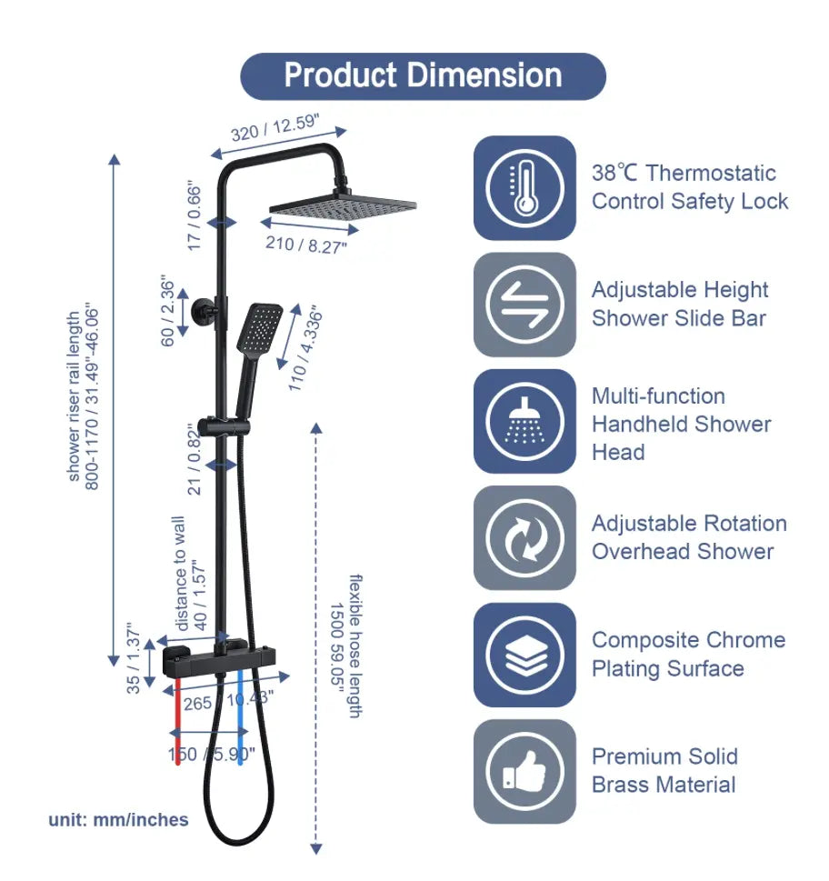 SaniSupreme Vienna Thermostatisch opbouw doucheset 20 cm regendouche mat zwart