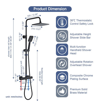 SaniSupreme Vienna Thermostatisch opbouw doucheset 20 cm regendouche mat zwart