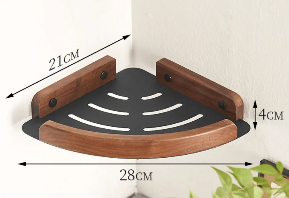 Sanisupreme Wand Hoekplank Doucherek mat zwart walnoot rand 28 cm. RVS