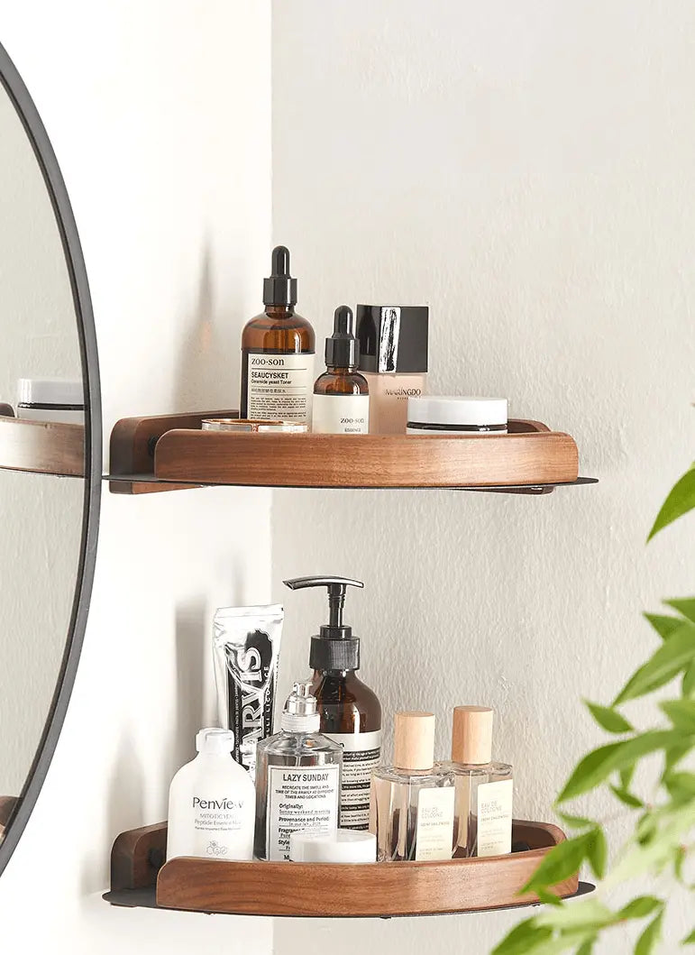 Sanisupreme Wand Hoekplank Doucherek mat zwart walnoot rand 28 cm. RVS