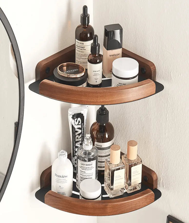 Sanisupreme Wand Hoekplank Doucherek mat zwart walnoot rand 28 cm. RVS