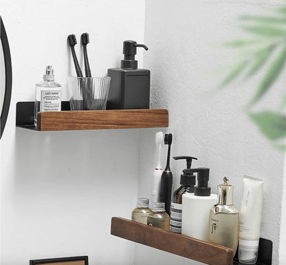 Sanisupreme Wandplank Doucherek mat zwart walnoot rand 50 cm. RVS