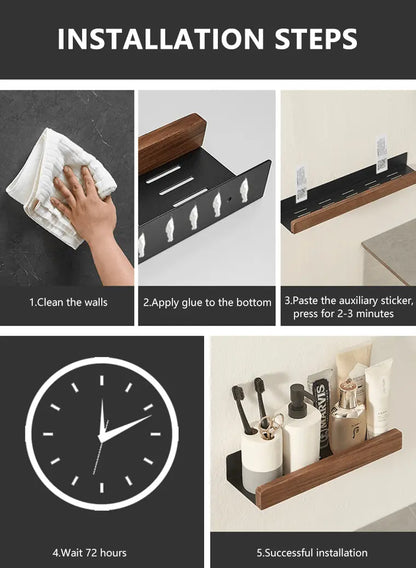 Sanisupreme Wandplank Doucherek mat zwart walnoot rand 50 cm. RVS