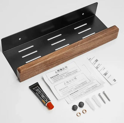 Sanisupreme Wandplank Doucherek mat zwart walnoot rand 50 cm. RVS