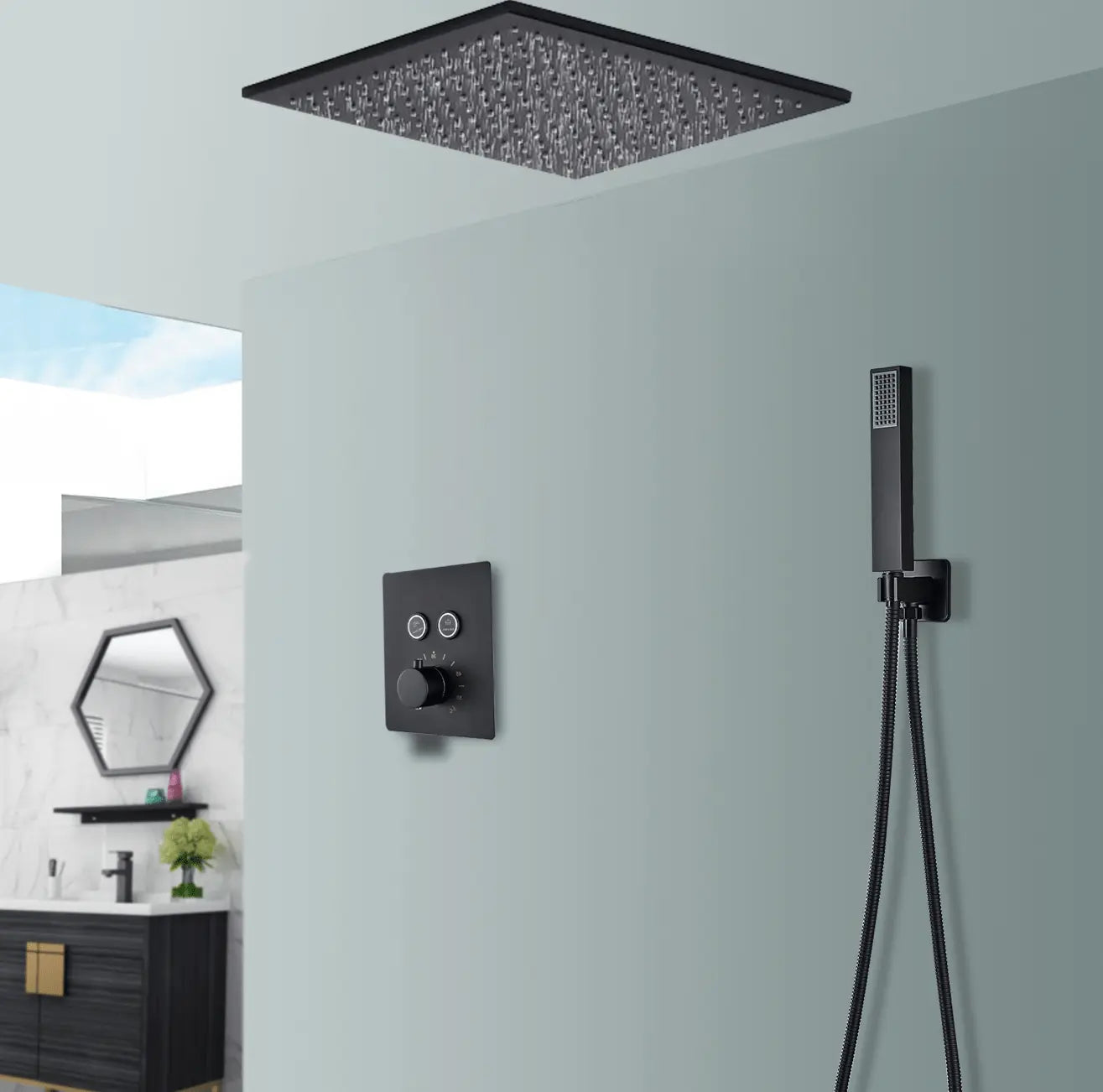 SaniSupreme®SmartPulse Plafond Thermostatische Doucheset Alicante 2 weg 50 cm regendouche vierkant mat zwart