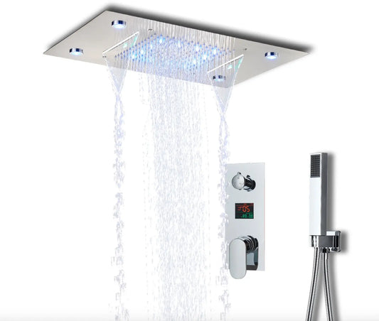 SaniSupreme®SmartPulse Plafond Thermostatische Doucheset Manhattan 3 weg Inbouw Plafond LED regendouche La Paz Glans Chroom