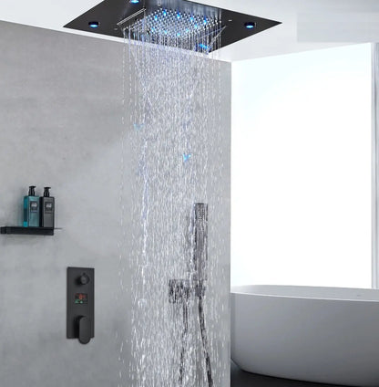 SaniSupreme®SmartPulse Plafond Thermostatische Doucheset Manhattan LCD 3 weg Inbouw Plafond LED regendouche La Paz Mat Zwart