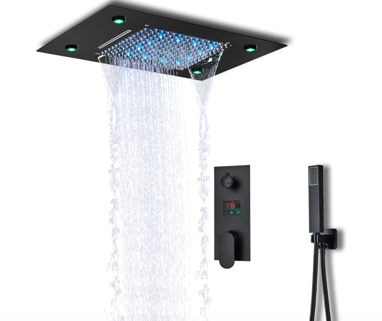 SaniSupreme®SmartPulse Plafond Thermostatische Doucheset Manhattan LCD 3 weg Inbouw Plafond LED regendouche La Paz Mat Zwart