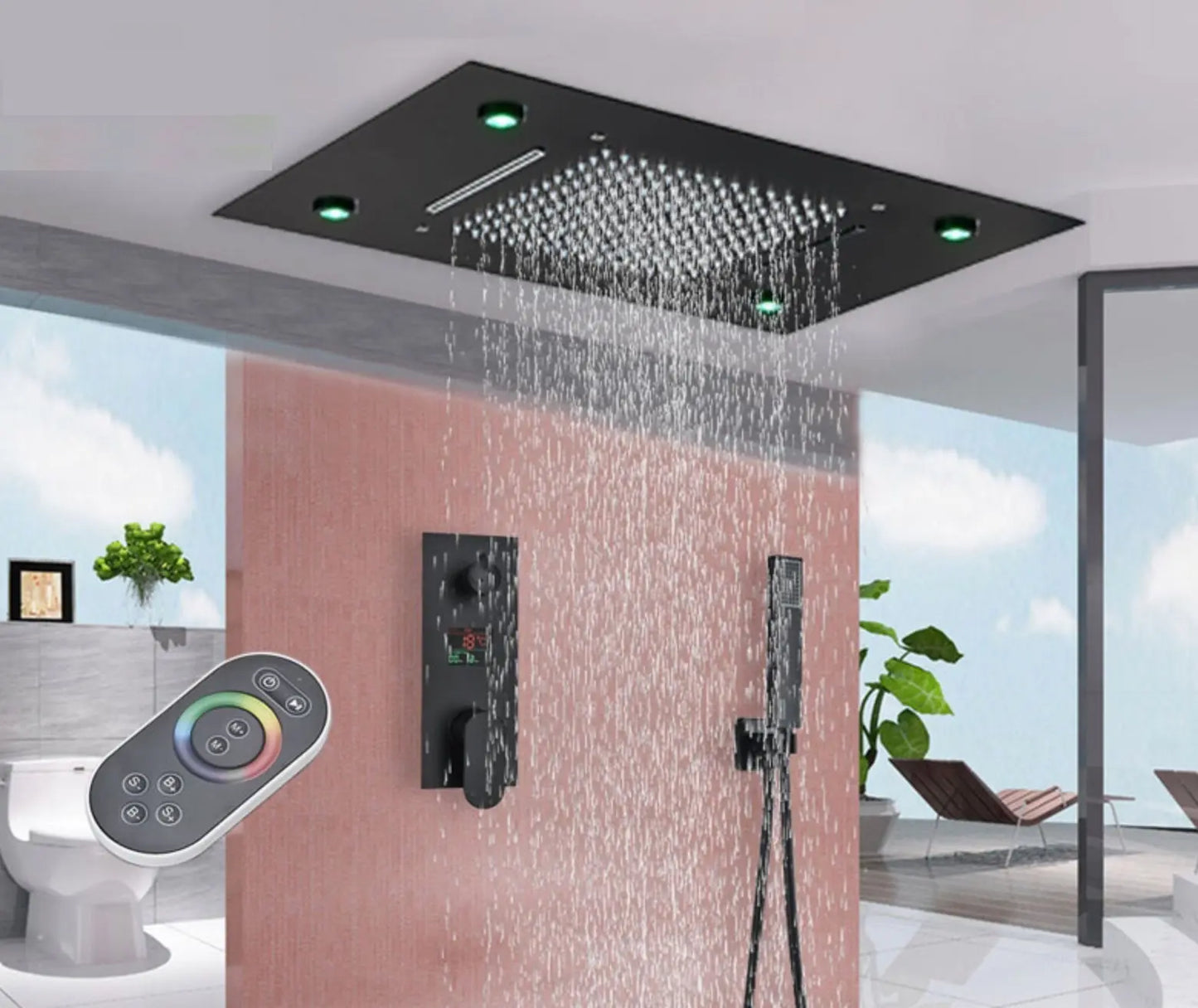 SaniSupreme®SmartPulse Plafond Thermostatische Doucheset Manhattan LCD 3 weg Inbouw Plafond LED regendouche La Paz Mat Zwart