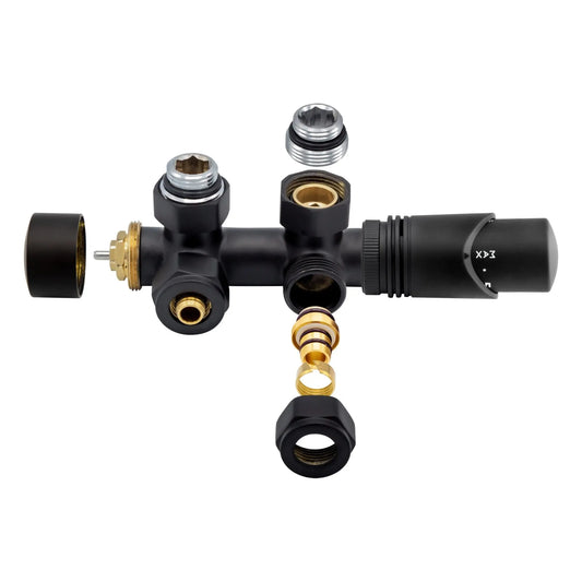 Thermostatische Radiatorkraan aansluitset 1/2" - 3/4" met thermostaatknop - haaks / muur - zwart