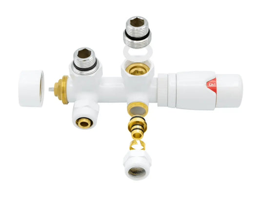 Thermostatische Radiatorkraan aansluitset 1/2" - 3/4" met thermostaatknop - haaks - wit