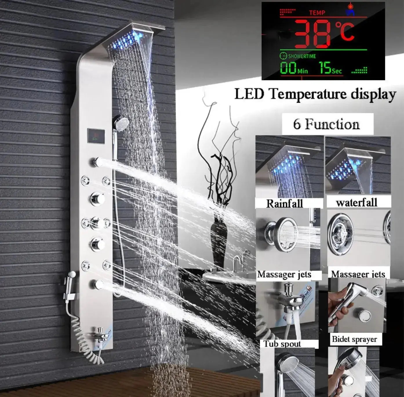 Tweedekans! Douchepaneel Opbouwdouche SaniSupreme® Sicilie met hand - en voetendouche LCD Premium rvs brushed TK4